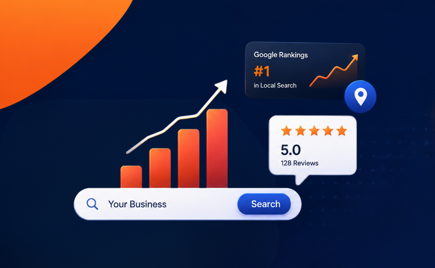 Search bar with a rising ranking chart and an AI answer bubble